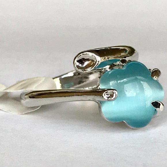 Vintage Aqua Blue Cats Eye Stone Flower Ring Size 7 Wrap Retro Silver Plated - Picture 9 of 11